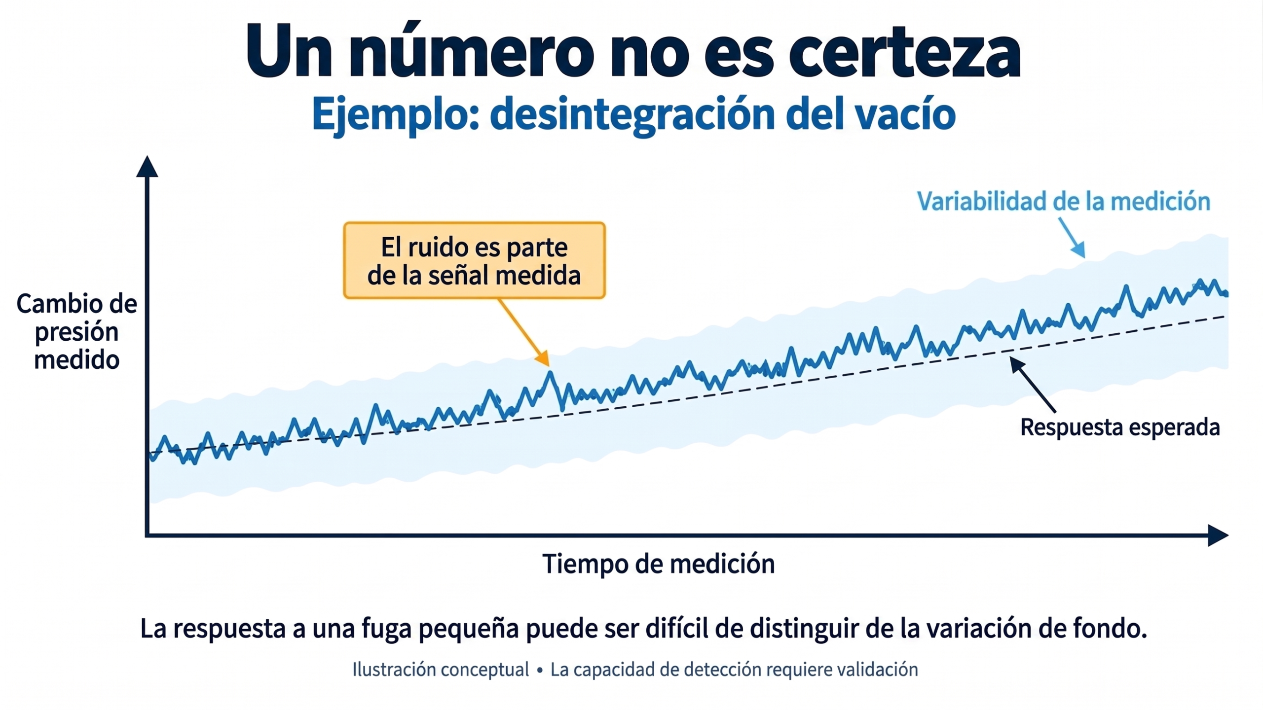 Traza conceptual de caída de vacío con ruido en el cambio de presión medido y variabilidad alrededor de la respuesta esperada