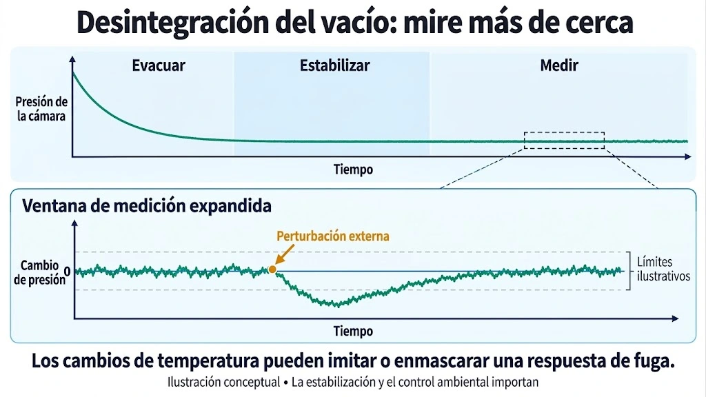 Ciclo de caída de vacío con una ventana de medición ampliada que muestra fluctuaciones y una perturbación externa en la traza de presión