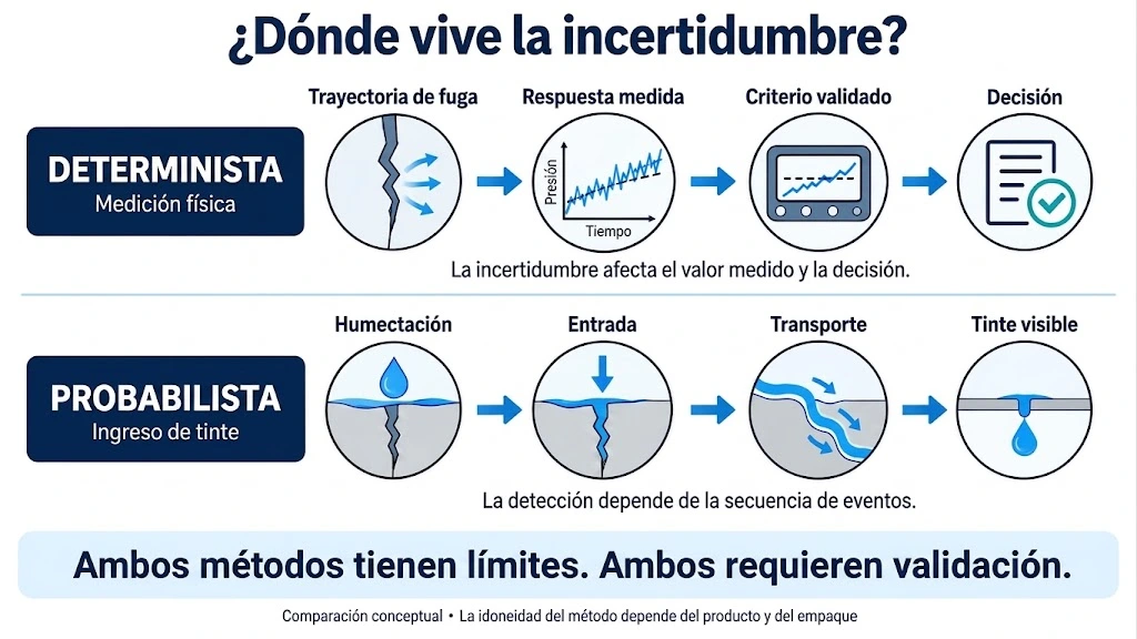 Cadena de medición y decisión determinista comparada con la humectación, entrada, transporte y tinte visible en una prueba de ingreso de tinte probabilística