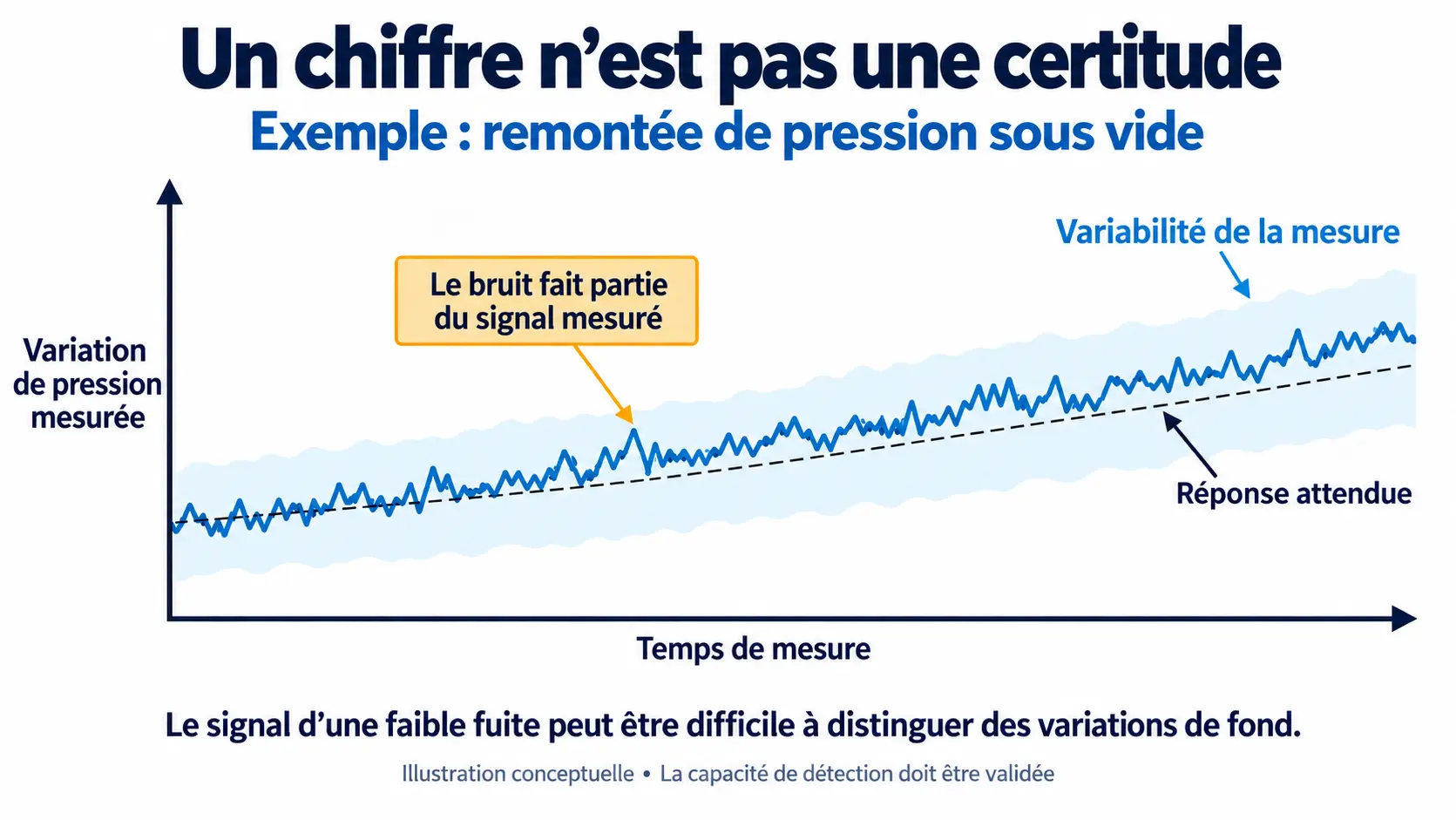 Courbe conceptuelle de Vacuum Decay présentant du bruit dans la variation de pression mesurée et une variabilité autour de la réponse attendue
