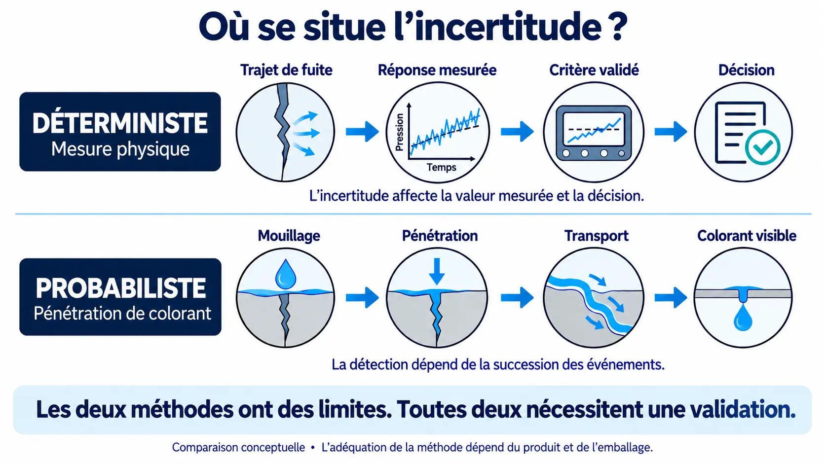 Comparaison de la chaîne de mesure et de décision déterministe avec le mouillage, la pénétration, le transport et le colorant visible dans un test probabiliste Dye Ingress