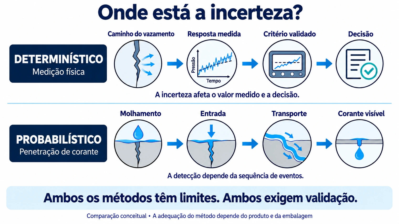 Comparação entre medição determinística e teste probabilístico por penetração de corante